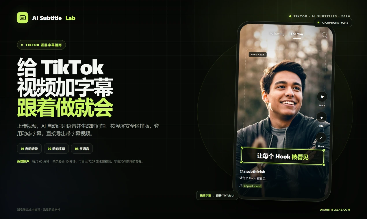 如何给 TikTok 视频加字幕：用 AI SubtitleLab 从上传到发布的完整教程 的封面图片