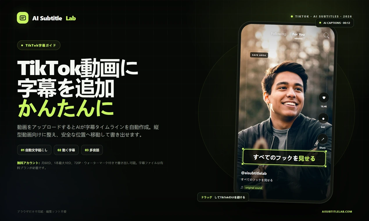 TikTok動画に字幕を付ける方法：AI SubtitleLabでアップロードから投稿までの完全チュートリアル のカバー画像